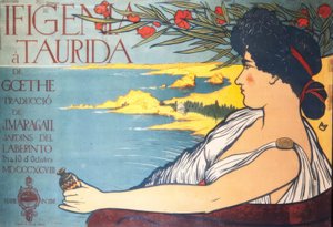 Modernistyczny plakat przedstawiający sztukę teatralną Goethego „Figenia a Taurida”