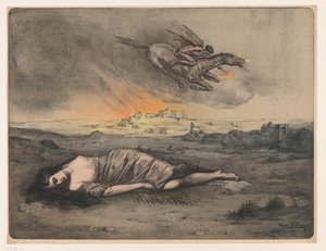 Leżąca kobieta i latający jeździec z pochodnią autorstwa Max Alexander Alandt (signed by artist)