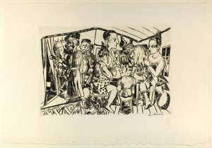 Za kulisami, płyta trzecia z Jahrmarkt autorstwa Max Beckmann