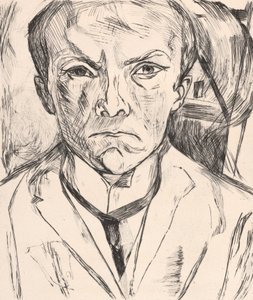 Autoportret frontalny z szczytem domu w tle autorstwa Max Beckmann