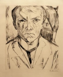 Autoportret od frontu, w tle szczyt domu autorstwa Max Beckmann