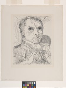 Autoportret rysikiem (suchą igłą na złamanym papierze czerpanym) autorstwa Max Beckmann