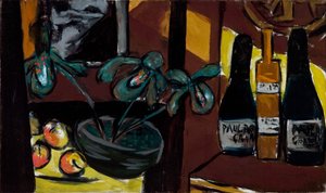 Martwa natura na brązowo i żółto (butelki szampana i orchidee) autorstwa Max Beckmann