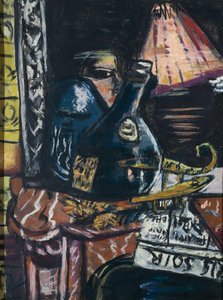 Martwa natura z przekrzywioną butelką sznapsa i Buddą autorstwa Max Beckmann