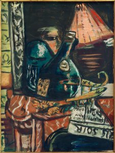 Martwa natura z pochyloną butelką trunku i Buddą autorstwa Max Beckmann
