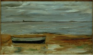 Plaża z szarą łódką i szarym morzem autorstwa Max Beckmann
