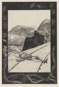 Na torach, tablica 8 z teki O śmierci, cz. I, Opus XI, 1897. autorstwa Max Klinger