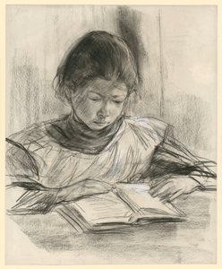 Portret córki artysty. Portret do połowy twarzy, widziany z przodu, siedząca przy stole i czytająca autorstwa Max Liebermann