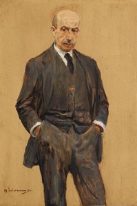 Autoportret, postać stojąca w ujęciu trzech czwartych, z obiema rękami w kieszeniach spodni autorstwa Max Liebermann