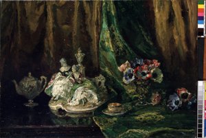 "Martwa natura z porcelaną i kwiatami" (Martwa natura z porcelaną i kwiatami) Obraz Maxa Mullera (1871-1938) (wł. wszystkie) Olej na płótnie. Muzeum Sztuk Pięknych Mikalojus Konstantinas Ciurlionis, Kowno, Litwa autorstwa Max Müller