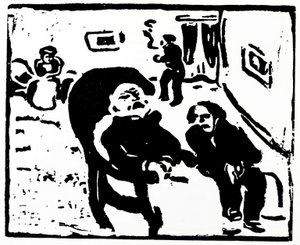 Drzeworyt przedstawiający ludzi siedzących w salonie autorstwa Max Pechstein