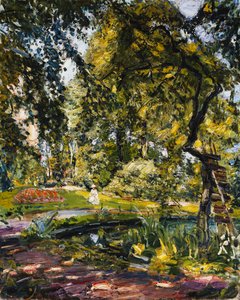 Ogród w Godrammstein ze skręconym drzewem i stawem; Ogród w Godrammstein z zarośniętym drzewem i stawem, 1910 autorstwa Max Slevogt