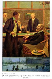 Phileas Fogg stawia w Reform Club, że będzie mógł podróżować dookoła świata w 80 dni, ilustracja z wydania opublikowanego w Berlinie