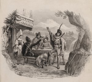 Myśliwi w górach przy drinku w tawernie (grawerunek)