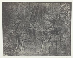 Pałac Karnak, Zewnętrzne rzeźby sanktuarium granitowego, Teby, 184951, druk 1852. autorstwa Maxime Du Camp