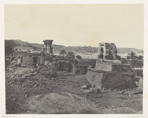 Wioska i świątynia na wyspie Beghé, na zachód od Filoe; Nubia, płyta 81 z albumu "Egypte, Nubie, Palestine et Syrie" (1852) autorstwa Maxime Du Camp