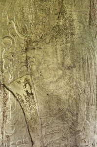 Fragment Stela 9 przedstawiający Ajb’alun Haab’tal Wat’ul K’atel, króla terminalu klasycznego z Ceibal w Gwatemali, upamiętniający koniec dziewiątego katun w naszej ery. 849 kamieni autorstwa Mayan
