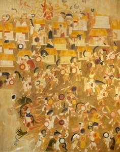 Rekonstrukcja obrazu Majów z Chichen Itza (Jukatan, Meksyk) przedstawiającego scenę bitwy. Cywilizacja Majów. autorstwa Mayan Mayan