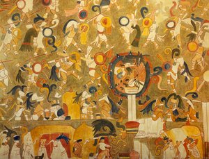 Rekonstrukcja obrazu Majów z Chichen Itza (Jukatan, Meksyk) przedstawiającego scenę bitwy. Cywilizacja Majów.