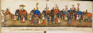 Panorama pochodu, ilustracja z „Wspomnienia Imperialnego Delhi”. Księga Delhi — sir Thomas Theophilus Metcalfe autorstwa Mazar or Mazhar Ali Khan
