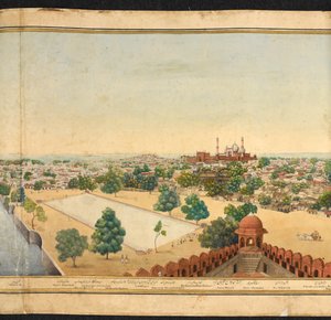 Fragment panoramy Delhi, przedstawiający Jama Masjid autorstwa Mazar or Mazhar Ali Khan