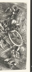 Orzeł na szczycie trofeów za broń, w tym różne rodzaje broni autorstwa Meester van 1515
