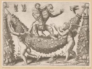 Putti szydzi z małpy Gobeliny Papieża (tytuł serii) Tapezzerie de Papa (tytuł serii na obiekcie)