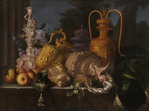 Martwa natura, muszle i złotnik. Obraz Meiffrena Conte (1630-1705). Olej na płótnie. Wymiary: 91x121cm. Wzmianka obowiązkowa: Collection fondation faith de Provence, Marseille autorstwa Meiffren (c.1630 1705) Conte