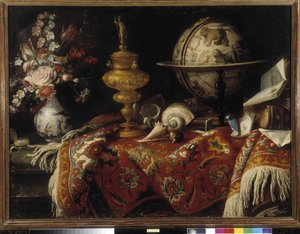 Wazon z kwiatami, glob astralny, książki i złotnictwo na dywanie. Obraz Meiffrena Conte (lub hrabiego) (1630-1705) Obowiązkowa wzmianka: Collection fondation faith de Provence, Marseille (cm 92x121) autorstwa Meiffren (c.1630 1705) Conte
