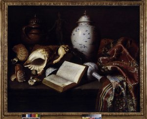 Chińskie wazony, muszle, antyczne brązy, książki i dywany (olej na płótnie) autorstwa Meiffren (c.1630 1705) Conte