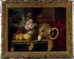 Martwa natura z bukietem, owocami, wazonem i czerwoną tkaniną (olej na płótnie) autorstwa Meiffren (c.1630 1705) Conte