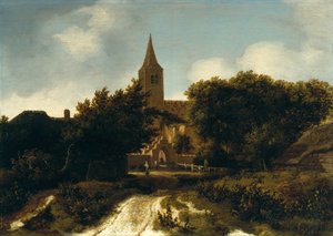 Zalesiony krajobraz z figurami przy kościele, ok. 1660 autorstwa Meindert Hobbema