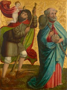 Lewe skrzydło tzw. tryptyku Pretschlaipfera: św. Christophorus i Jakobus Major (w środku); Zwiastowanie Maryi (na zewnątrz) autorstwa Meister von Großgmain (Werkstatt)
