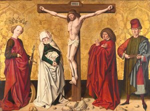 Chrystus na krzyżu między św. Maryja i Jan, Katarzyna i Sebastian autorstwa Meister von Großgmain