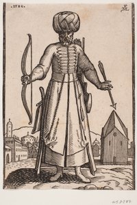 Widok z przodu, żołnierz w turbanie z wyciągniętymi ramionami, stojący na otwartym placu w mieście; w prawej ręce dzierży łuk, w v. strzałę; za l. ramieniem kołczan, po stronie h. szabla autorstwa Melchior Lorck