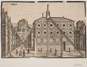 Ulica, na pierwszym planie meczet i wolnostojący minaret autorstwa Melchior Lorck