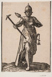 Stojący żołnierz w hełmie, widok z przodu; w prawej ręce młot bojowy, w v. maczuga bojowa, tylna noga i stopa zniekształcona w stosunku do przodu; z boku miecz autorstwa Melchior Lorck