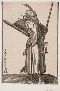 Żołnierz stojący (akinci), profil do r.; w r. maczuga, w. r. w ręce lanca, której wierzchołek znajduje się poza górną linią obramowania; z prawej strony tarcza z wnętrzem zwróconym do góry, z prawej strony miecz autorstwa Melchior Lorck