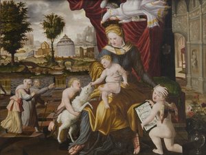 Matka Boża z Dzieciątkiem, Dzieciątko św.Jan i dwa anioły autorstwa Melchior Lorck