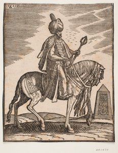 Odziany w turban jeździec z mieczem po prawej stronie i maczugą bojową w lewej ręce, profil w prawo; w tle obelisk autorstwa Melchior Lorck