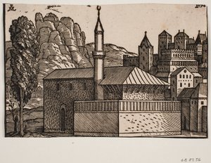 Niezidentyfikowany meczet z 1 minaretem, t.v. wysokie drzewo autorstwa Melchior Lorck