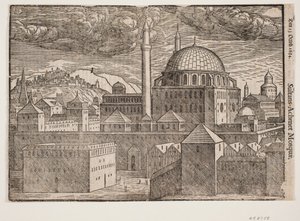 Niezidentyfikowany meczet z 2 minaretami, widok z południowego wschodu; telewizja. góra z ufortyfikowanym miastem autorstwa Melchior Lorck