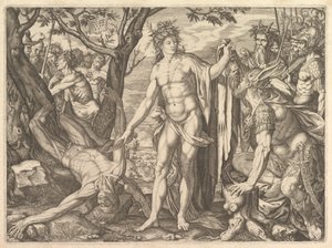 Apollo i Marsjasz i Sąd Midasa: po prawej Midas z uszami osła resti..., 1581.