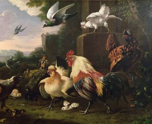 Kogucik i inne ptactwo w krajobrazie autorstwa Melchior de Hondecoeter