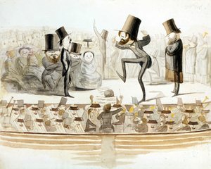 Giuseppe Verdi (1813-1901), włoski kompozytor z powtórzeniami „Un ballo in Maschera” (maska ​​Un Bal) z Tenorem Fraschinim i sopranem Fioretti. Kreskówka Melchiorre