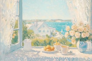 Widok na śniadanie nad brzegiem morza autorstwa Melloi Art Prints