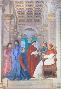 Sykstus IV mianuje Platinę prefektem Biblioteki Watykańskiej autorstwa Melozzo da Forli