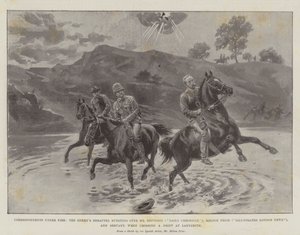 Korespondenci pod ogniem, Odłamek wroga przebijający się nad Mr Nevinsonem (Daily Chronicle), Melton Prior (Illustrated London News) i Sługą podczas przekraczania Drift w Ladysmith autorstwa Melton Prior