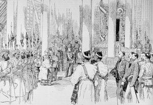 Lord Dufferin Holding Levee w Wielkiej Sali Tronowej Pałacu w Mandalay, z „The Illustrated London News”, 4 marca 1886 autorstwa Melton Prior