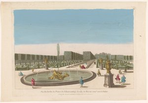 Widok fontanny z ogrodu Palais Schwarzenberg w pobliżu Wiednia Vue du jardin du prince de Schwarzenberg du Côte du bassin wokół vers le palais (tytuł na obiekcie) autorstwa Mesard